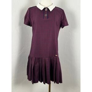 HOUNDSTOOTH MINI DRESS in Navy Burgundy Pleated Drop Waist (Womens: 6-8)